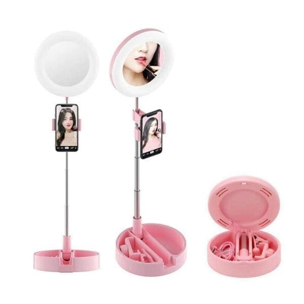 Selfie komplet D3 stojalo za telefon LED light, USB, za makeup, Teracell, namizni, pink