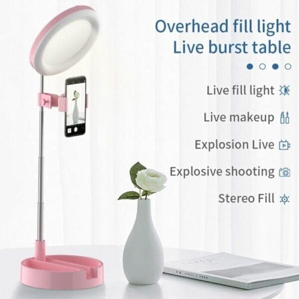 Selfie komplet D3 stojalo za telefon LED light, USB, za makeup, Teracell, namizni, pink - slika 4