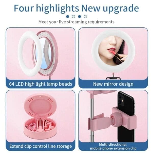 Selfie komplet D3 stojalo za telefon LED light, USB, za makeup, Teracell, namizni, pink - slika 7