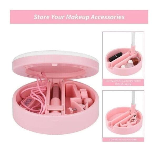 Selfie komplet D3 stojalo za telefon LED light, USB, za makeup, Teracell, namizni, pink - slika 8