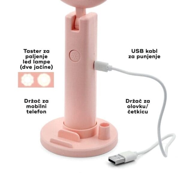 Selfie komplet K5 stojalo za telefon LED light, USB, za makeup, Teracell, namizni, pink - slika 3