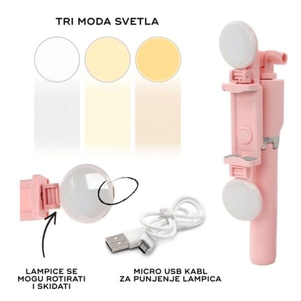 Selfie komplet Mini stojalo LED light, Bluetooth, Teracell, 60cm, pink - slika 3