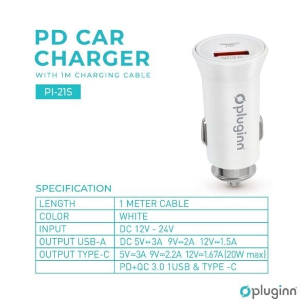 Avto polnilec PI-21S, PD, QC 3.0, Pluginn, bela - slika 2