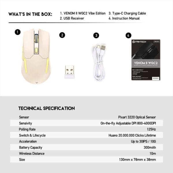 Miška WGC2 Venom II, Wireless, Fantech, bež - slika 9