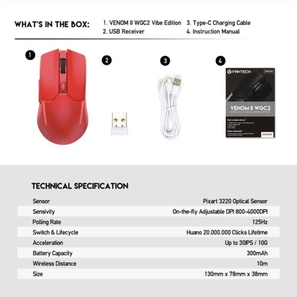 Miška WGC2 Venom II, Wireless, Fantech, rdeča - slika 9