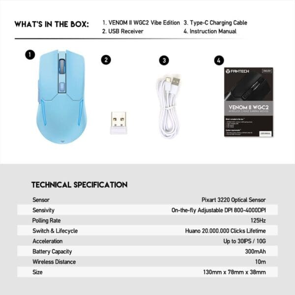 Miška WGC2 Venom II, Wireless, Fantech, modra - slika 9