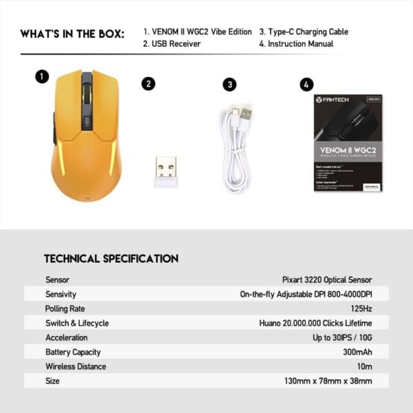 Miška WGC2 Venom II, Wireless, Fantech, rumena - slika 9