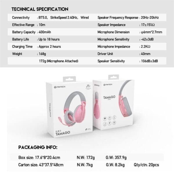 Naglavne slušalke brezžične WHG01 Tamago, Bluetooth, Sakura, Fantech, roza - slika 11