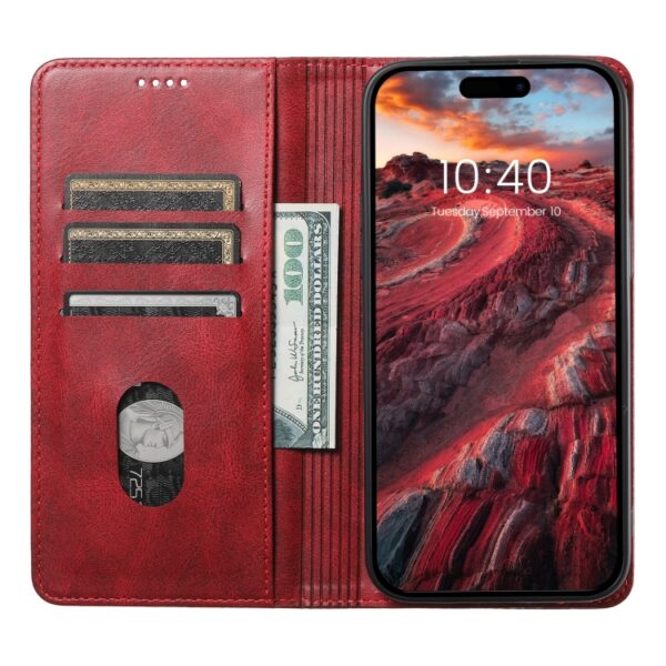 Preklopni Etui za Apple iPhone 14 Pro Suteni, Oil Wax Wallet, rdeča - slika 4