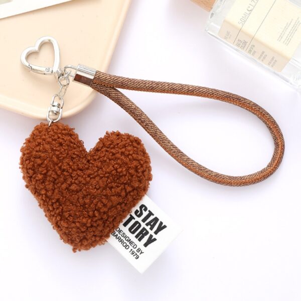 Obesek Imitation Wool Plush Heart Keychain Wrist, Mobella, rjava