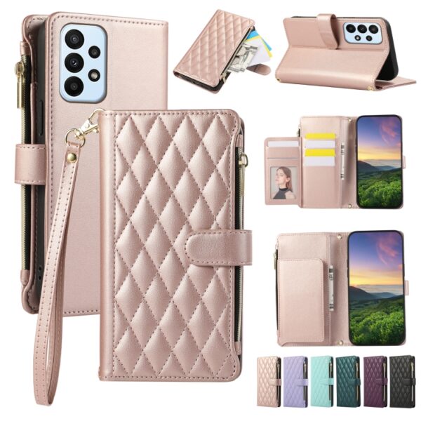 Preklopni Etui za Samsung Galaxy A53 5G Mobella, Rhombic Zipper Wallet, roza in zlata
